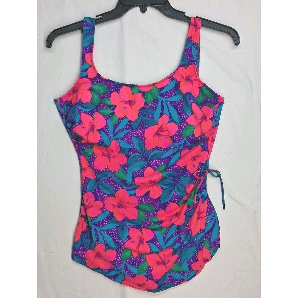 Vintage 80s Willow Bay Women 18 Purple One Pc Swimsuit Floral Resortwear Beach